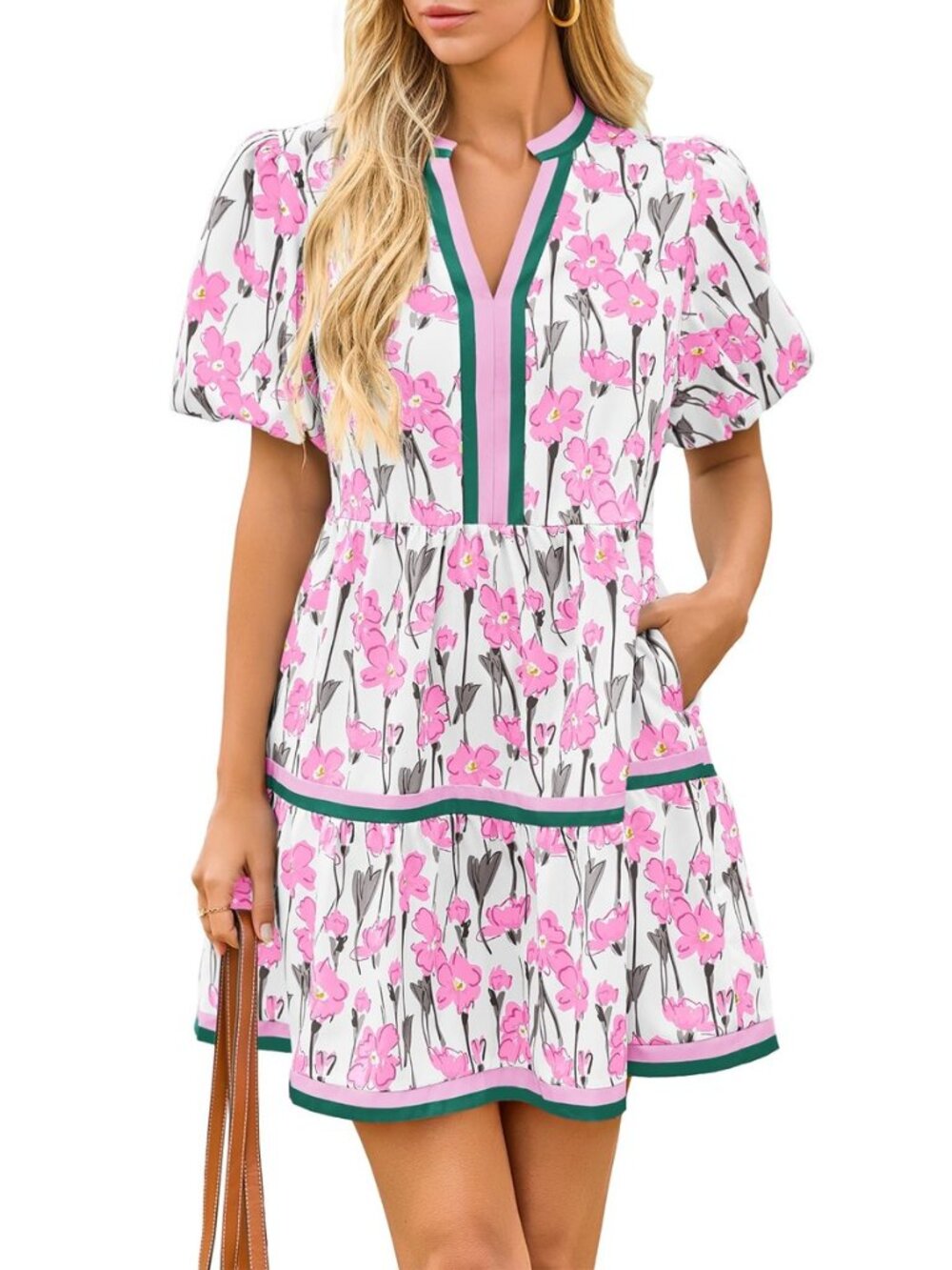 Womens Summer Puff Sleeve V Neck Floral Mini Boho Beach Dresses